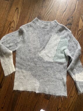 Zara Gray Mohair-Blend Crewneck Sweater with Cream & Mint Accents